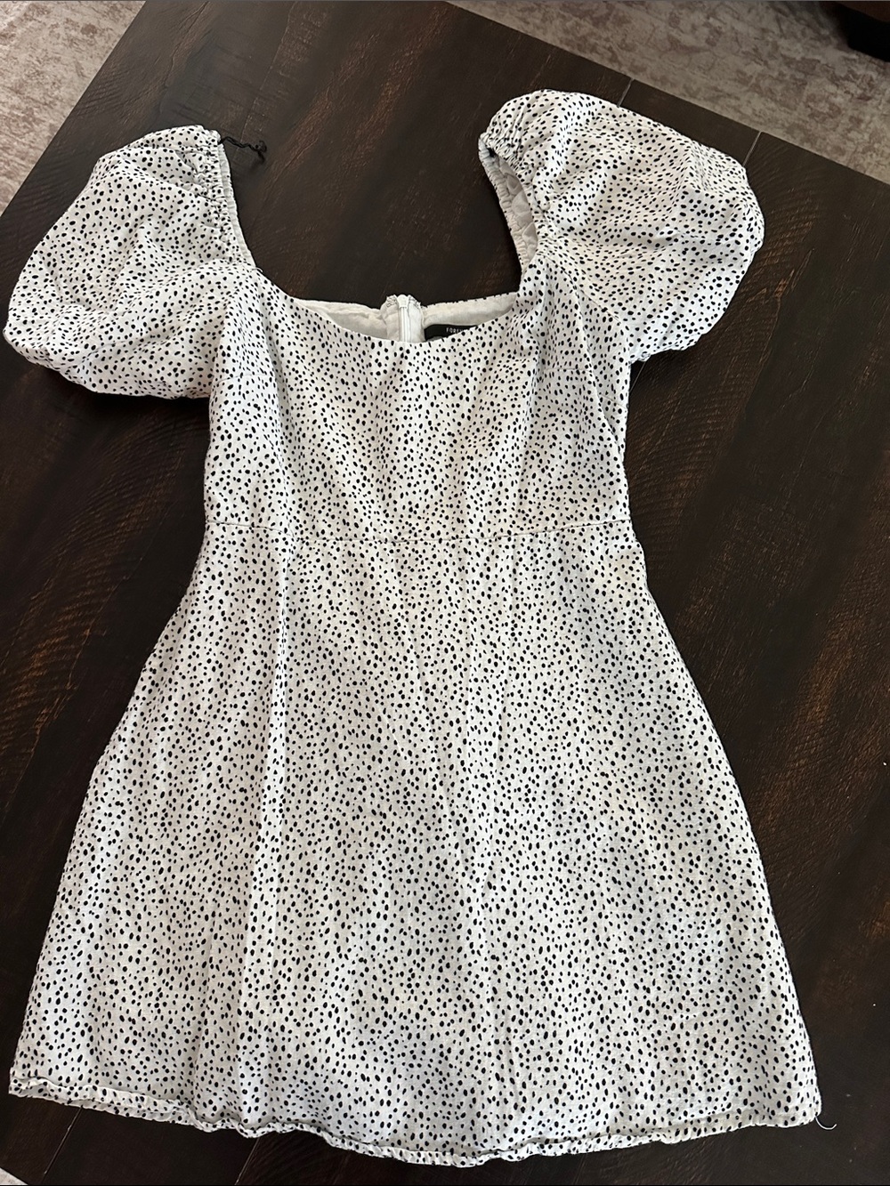 Forever 21 White Mini Dress with Black Dot Print and Puff Sleeves